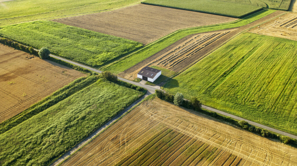 Aerial view of first eight straw bale greenhouses. 